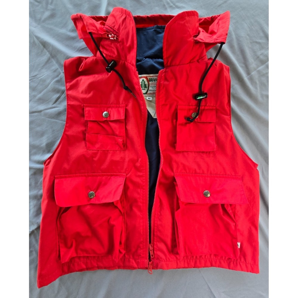 Vintage Woods Outdoors Foldable Hoodie Vest Multi Pockets Red Sz M MadeinCanada
